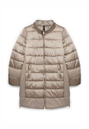 Gewatteerd jack van middellange lengte in taupekleur met een hoge kraag, ritssluiting aan de voorkant en twee zijzakken met ritssluiting. Heeft een gladde, glanzende textuur.