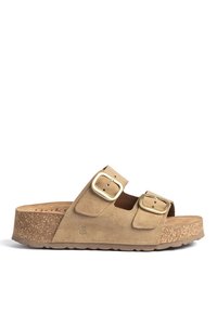 Sandale slide en daim couleur tabac avec deux boucles réglables dorées et semelle plateforme en liège avec semelle extérieure texturée antidérapante.