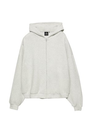 Grijze zip-up hoodie met een capuchon, losse pasvorm, lange mouwen en een zachte textuur. Voorzien van een voorzijde rits en ribgebreide manchetten en zoom.