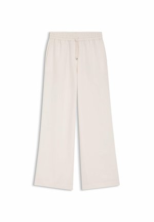 Pantalon ample à jambes larges de couleur crème avec taille élastique et cordon, comportant des poches latérales, présenté sur fond blanc.