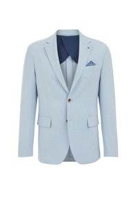 Ljusblå blazer i texturerat tyg, två framfickor och en marinblå innertyg med en mönstrad näsduk.