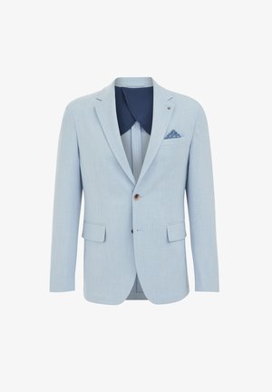 Hellblaues Blazer aus strukturiertem Stoff, mit zwei vorderen Taschen und einem marineblauen Futter, das ein gemustertes Taschentuch enthält.