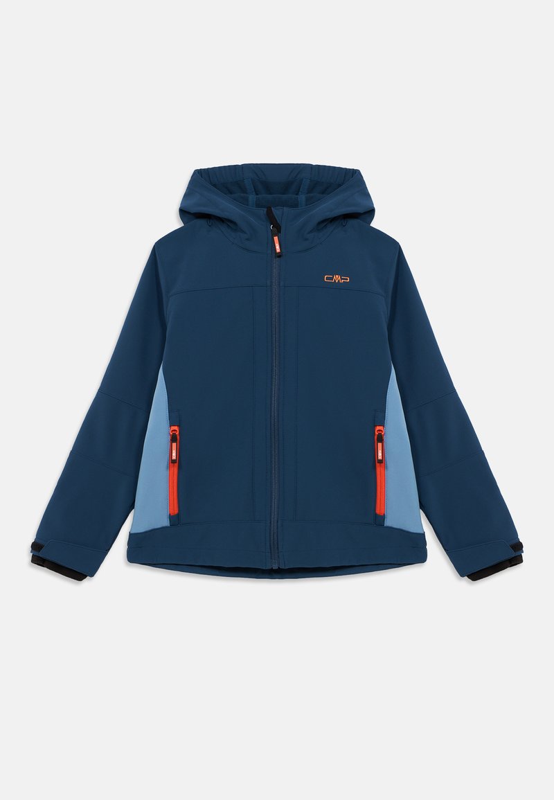 Ναυτικό μπλε μπουφάν softshell με ανοιχτό μπλε πλαϊνά πάνελ. Διαθέτει κουκούλα, μπροστινό φερμουάρ και πορτοκαλί λεπτομέρειες στα φερμουάρ και το λογότυπο.