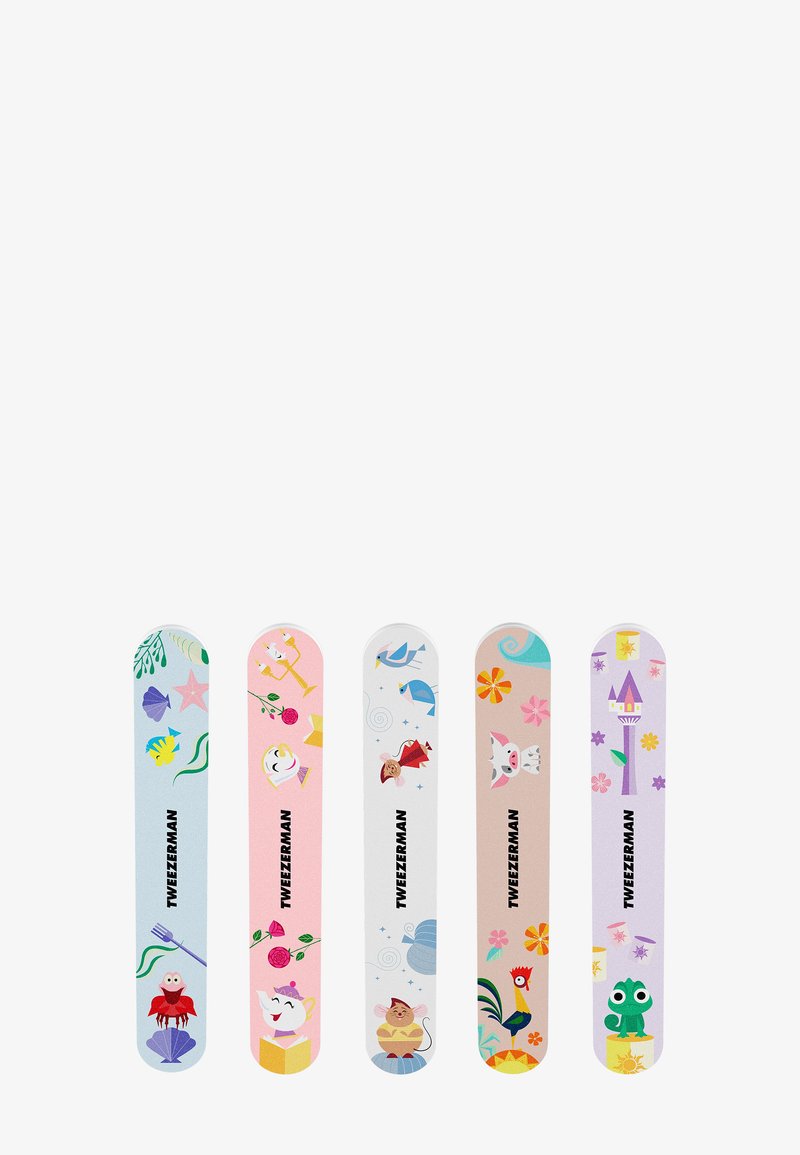Cinq limes à ongles colorées avec des illustrations sur le thème de Disney comprenant des créatures marines, des tasses, des oiseaux, une souris, un coq et une tour.