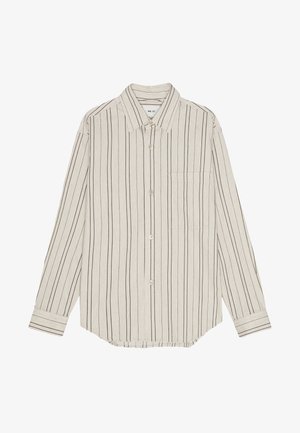 Lys beige stribet skjorte med knaplukning, spids krave, lange ærmer, en enkelt brystlomme og rundet kant. Knaplukninger ned ad forsiden.