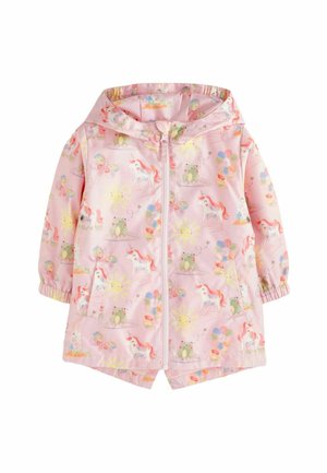 Jasnoróżowa kurtka przeciwdeszczowa z zamkiem błyskawicznym z przodu, z kolorowymi wzorami jednorożców i żab, elastycznymi mankietami oraz kapturem.