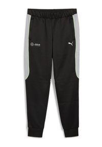 Černé sportovní kalhoty s zelenými a šedými bočními panely, elastickým pasem a logy Mercedes a Puma. Měkká, hladká tkanina.