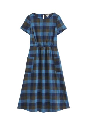 Zils un melns rūtainas īsām piedurknēm midi kleita ar elastīgu vidukli un divām priekšējām kabatām baltā fonā.
