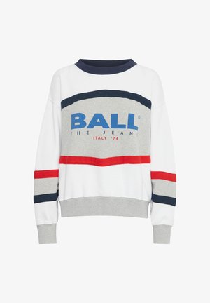 Weißes und graues Sweatshirt mit blauen, roten und marineblauen Streifen. Vorderseite mit großem blauen Text "BALL" und "ITALY '74" auf der Brust. Gerippter Kragen und Bündchen.