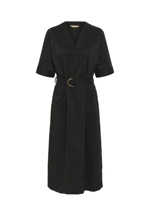 Robe noire avec un décolleté en V et des manches courtes retroussées. Taille cintrée avec une ceinture cercle dorée et deux poches avant. Texture lisse.