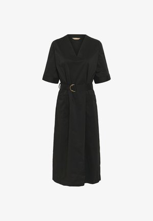 Must kleit V-kaelusega ja lühikeste rullitud varrukatega. Omaduseks on liibuv vöökoht kuldse ringikujulise vöökinnitusega ning kaks eesmist taskut. Sile tekstuur.