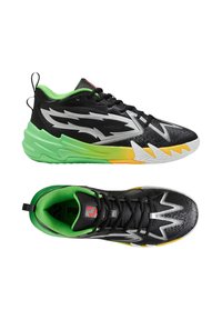 Sneakers atletici neri con accenti verdi, design a zig-zag bianco, tomaia testurizzata, suola spessa con dettagli gialli e verdi e lacci neri.