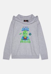 Felpa grigia con cappuccio e una grande grafica colorata che presenta un personaggio alieno e il testo "IL MIO MIGLIORE AMICO ALIENO" in blu e verde brillante.