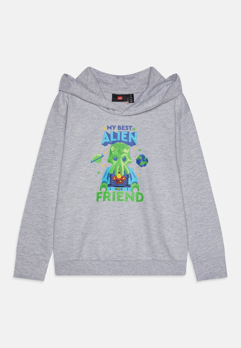 Felpa grigia con cappuccio e una grande grafica colorata che presenta un personaggio alieno e il testo "IL MIO MIGLIORE AMICO ALIENO" in blu e verde brillante.