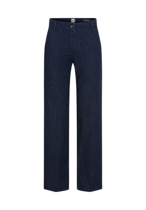 Donkerblauwe high-waist rechte jeans met knoop- en ritssluiting, voornaad en riemlussen.