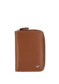 Portefeuille en cuir marron avec fermeture éclair tout autour et petit emblème argenté à cornes en bas à droite, fermé et position verticale.