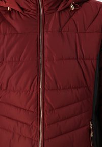 Veste en duvet bordeaux avec fermeture éclair à l'avant, quincaillerie dorée, capuche et motif de couture diagonal. Présente des côtés et des poches noires.