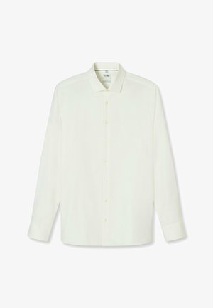 Weißes langärmliges Hemd mit klassischem Kragen, Knopfleiste vorne und einem einzelnen Manschettenverschluss. Hergestellt aus einem glatten, leichten Stoff mit dezentem Glanz.