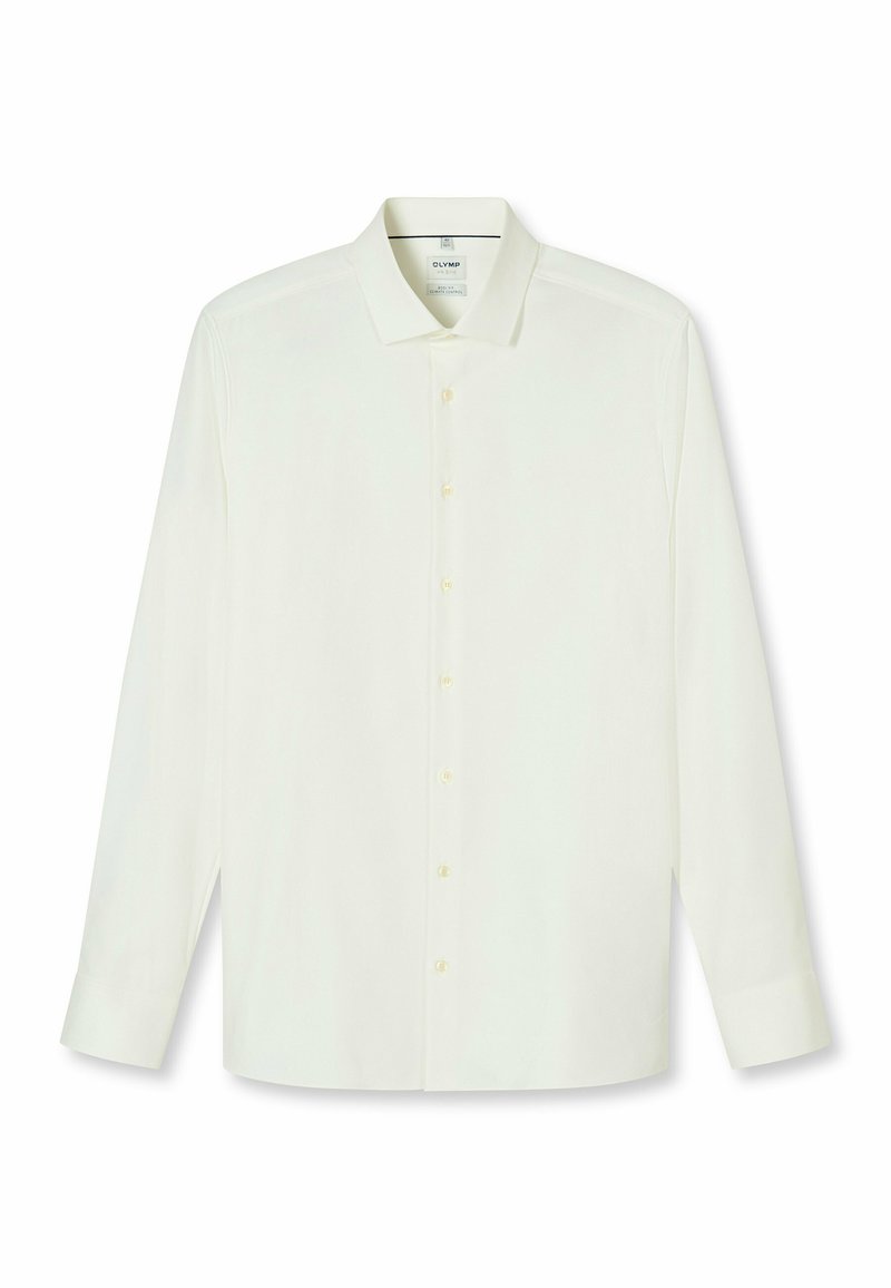 Weißes langärmliges Hemd mit klassischem Kragen, Knopfleiste vorne und einem einzelnen Manschettenverschluss. Hergestellt aus einem glatten, leichten Stoff mit dezentem Glanz.