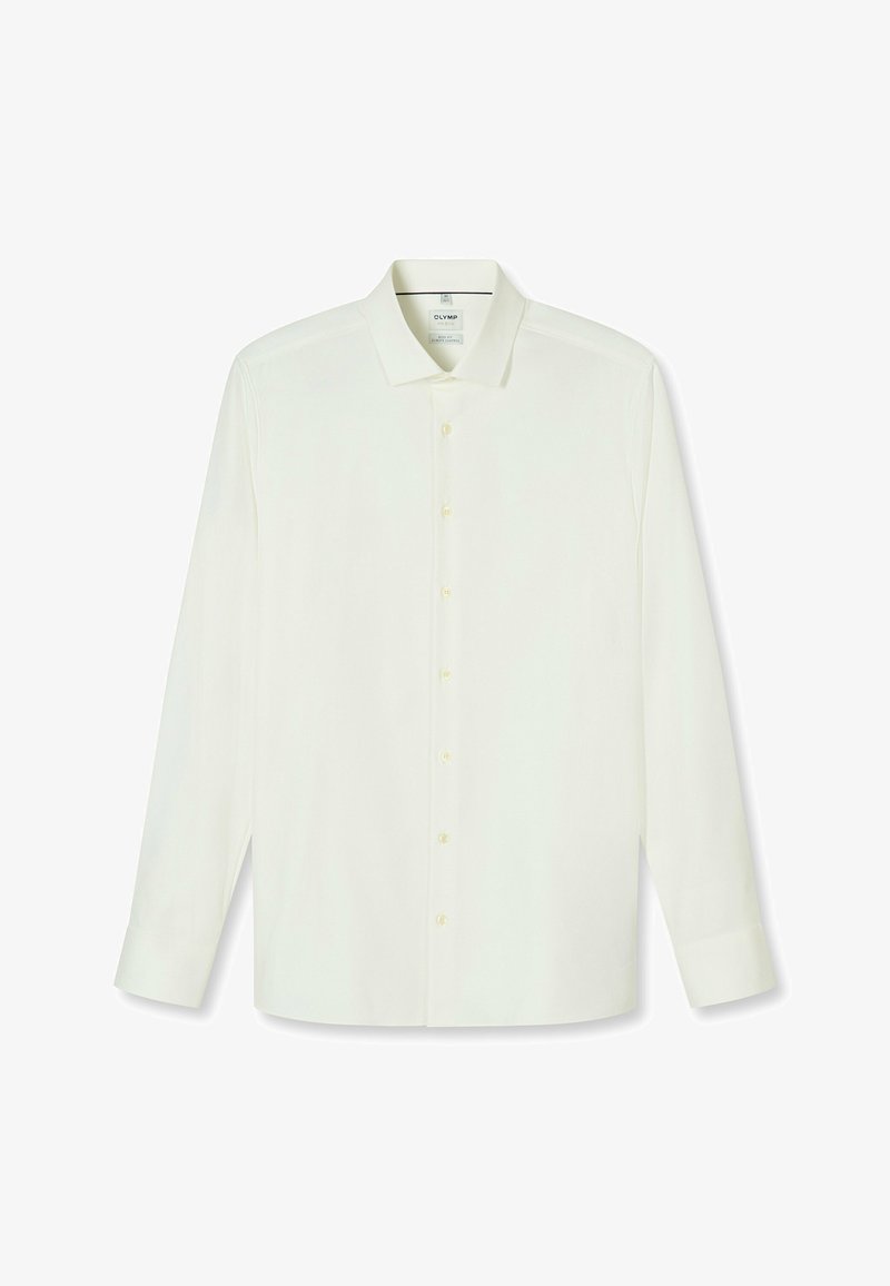 Weißes langärmliges Hemd mit klassischem Kragen, Knopfleiste vorne und einem einzelnen Manschettenverschluss. Hergestellt aus einem glatten, leichten Stoff mit dezentem Glanz.