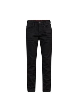 Jeans de mezclilla negra con corte slim, diseño de cinco bolsillos y un sutil desgaste en los muslos. Tela de alta calidad con textura suave.