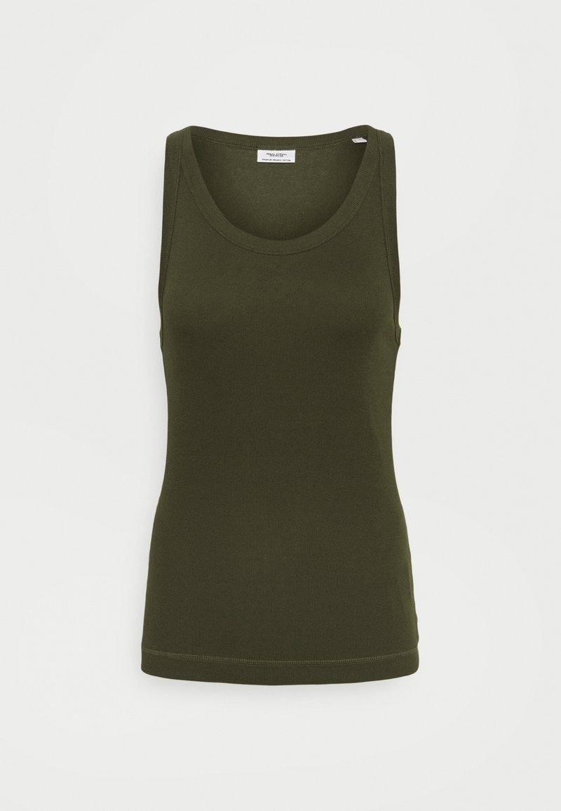 Débardeur en coton côtelé vert olive sans manches avec encolure dégagée et silhouette ajustée sur un fond clair uni.