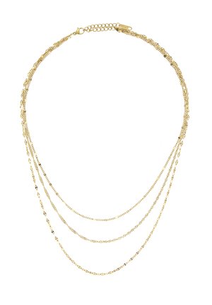 Zarte, mehrschichtige Halskette aus Gold mit vier dünnen Ketten in unterschiedlichen Gliederdesigns und verstellbarem Verschluss.