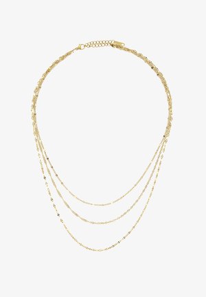 Zarte, mehrschichtige Halskette aus Gold mit vier dünnen Ketten in unterschiedlichen Gliederdesigns und verstellbarem Verschluss.