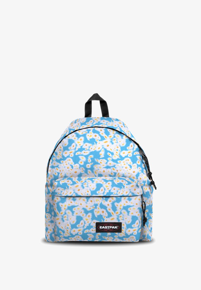 Sac à dos bleu à motifs floraux avec des marguerites blanches, poche avant zippée, poignée noire renforcée et bretelles noires réglables.
