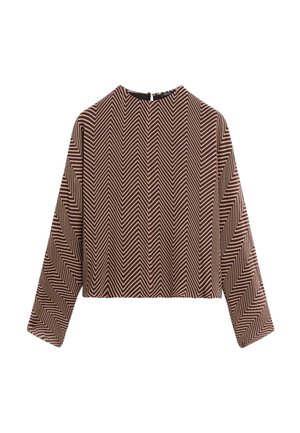 Haut marron à manches longues avec motif chevron zigzag beige et encolure ronde, doté d'une fermeture à boutons dans le dos.