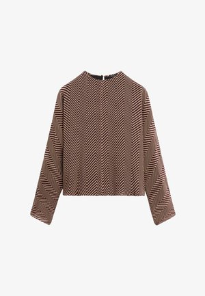 Long-sleeve brown top with beige zigzag chevron pattern and round neckline, featuring a back button closure.