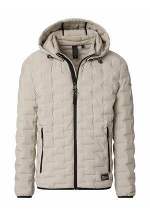 Beige gepolsterte Jacke mit Kapuze, ausgestattet mit einem Frontreißverschluss, zwei Seitentaschen und schwarzen Akzenten. Strukturiertes Rautenmuster über die gesamte Jacke.