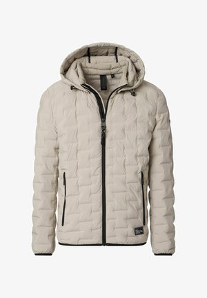 Padded beige jacket with a hood, featuring a front zipper, two side pockets, and black accents. Textured grid pattern throughout.