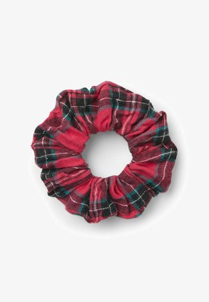 Haarband aus rot-schwarzem kariertem Stoff mit weicher Textur, verfügt über geraffte Kanten und hat eine runde Form, um das Haar sicher zu halten.