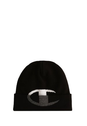 Berretto lavorato a maglia nero con risvolto che presenta un grande logo stilizzato "C" bianco e grigio al centro frontale.