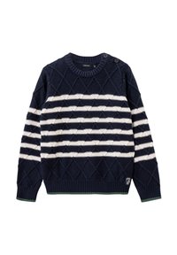 Maglione lavorato a maglia blu navy con motivo a righe bianche e texture a diamante, dotato di scollatura rotonda e due bottoni sulla spalla. Orlo verde a coste.