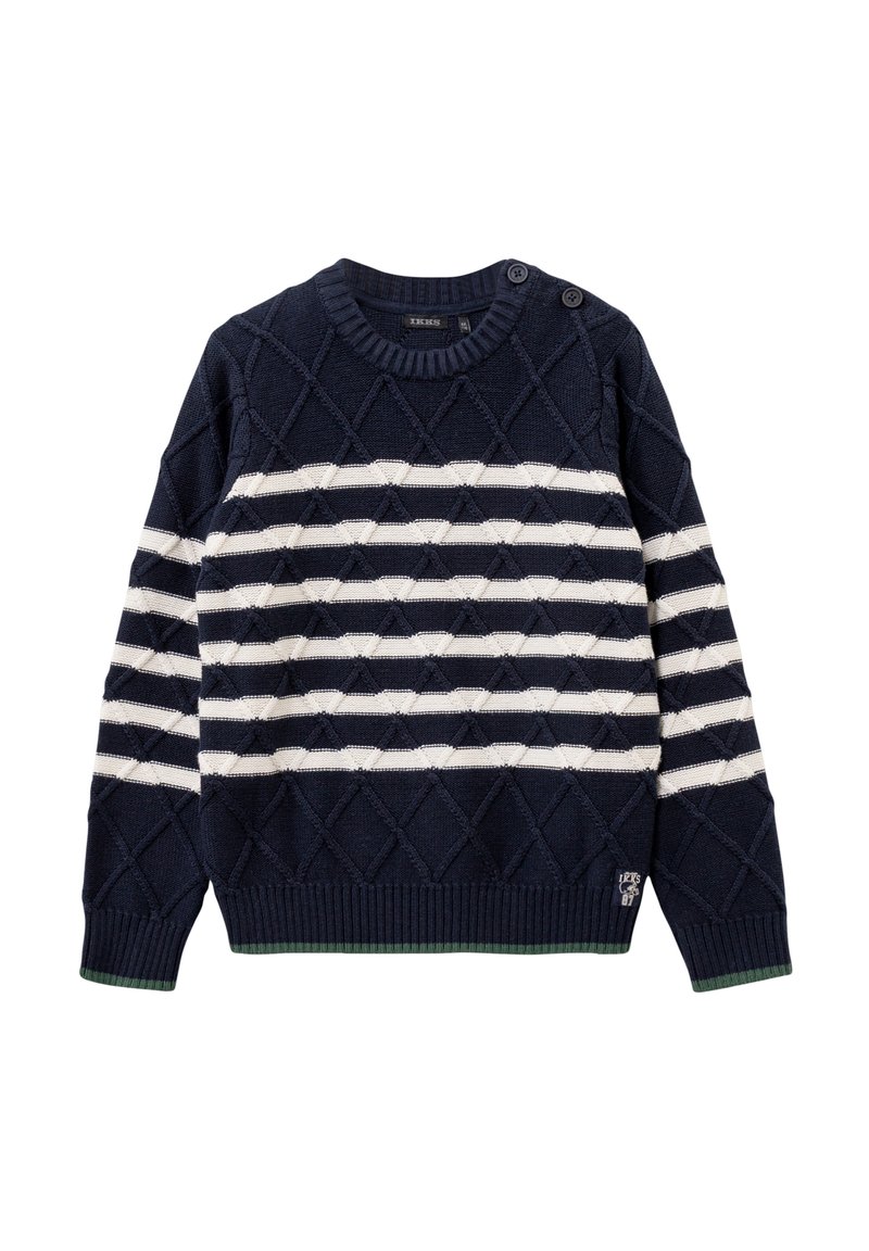 Maglione lavorato a maglia blu navy con motivo a righe bianche e texture a diamante, dotato di scollatura rotonda e due bottoni sulla spalla. Orlo verde a coste.