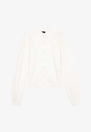 Weißer Langarm-Cardigan mit gepufften Schultern, gerippten Bündchen und einer vorderen Reihe von mit Stoff bezogenen Knöpfen.