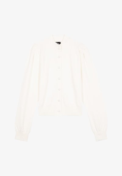 Cardigan bianco a maniche lunghe con spalle a sbuffo, polsini a coste e una fila anteriore di bottoni rivestiti in tessuto.