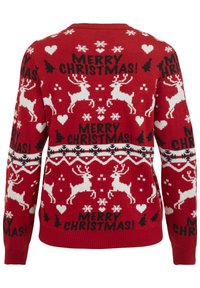 Pull de Noël rouge avec des rennes blancs, des flocons de neige, des cœurs et le texte noir « Joyeux Noël ! » répété sur l’ensemble du pull.