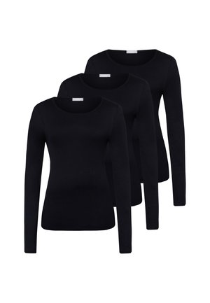 Tre sorte tætsiddende langærmede crew-neck-shirts lagt oven på hinanden, vist forfra, ensfarvet design uden synlige mønstre eller logoer.