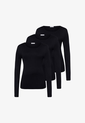 Trois t-shirts noirs à manches longues, ajustés avec col rond, empilés, vue de face, design uni sans motifs ni logos visibles.