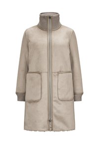 Beige langer Mantel mit hochstehendem geripptem Kragen, Frontreißverschluss, großen Vordertaschen und gerippten Manschetten, aus weichem samtartigem Material gefertigt.