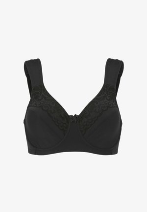 Sort BH med blonder, brede stropper og sømløst design. Har en centreret sløjfe og blødt materiale for komfort.