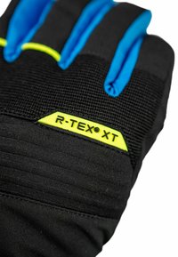 Black gloves featuring blue accents and a textured surface, with a yellow label reading "R-TEX® XT" prominently displayed.