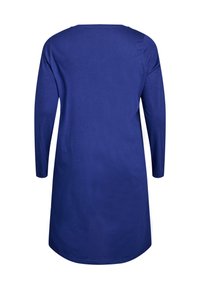 Vestido de manga larga en azul marino sólido. Tejido suave con un diseño fluido, escote redondeado y corte recto que llega a la mitad del muslo.