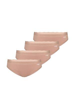 Vier beige Damen-Baumwollslips mit gewelltem Bund und kleinem weißem Logo auf der linken Seite.