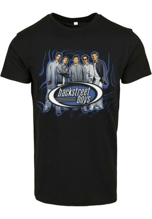 Svart bomull t-skjorte med en fargerik grafikk av fem mannlige figurer med teksten "backstreet boys" i en oval design.