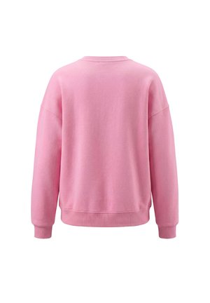 Enkelt pink langærmet sweatshirt med ribstrikkede manchetter, kant og krave vist bagfra på en hvid baggrund.