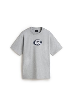 Graues Baumwoll-T-Shirt mit kurzen Ärmeln, rundem Halsausschnitt und einem großen schwarz-weißen "VANS"-Logo, das zentral auf der Brust platziert ist.